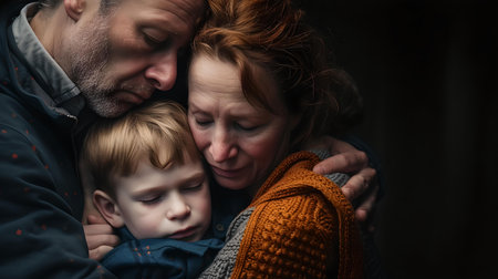 A moving portrayal of a family hug showing connection and love. intimate, warm and natural style. A.I.の素材