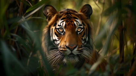 Digital art of a tiger's face emerging from the shadows of green leaves in the jungle, evoking a wild and natural theme. A.I.の素材