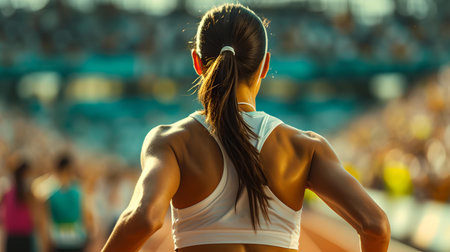 Focused female runner poised for victory on a sunny track, embodying competitiveness and endurance. A.I.の素材