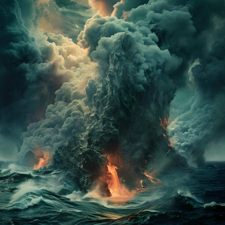 Dramatic depiction of a volcanic eruption in the ocean with smoke and lava. ideal for educational and artistic use. A.I.の素材