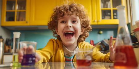 Cheerful child conducting basic science experiments at home. kid's education and fun concept. A.I.の素材