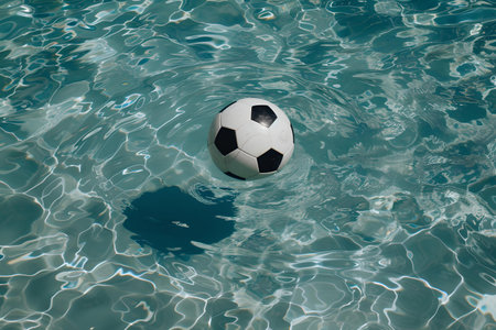 A soccer ball evokes leisure and sport floating tranquilly in a clear blue pool under sunlight. A.I.の素材