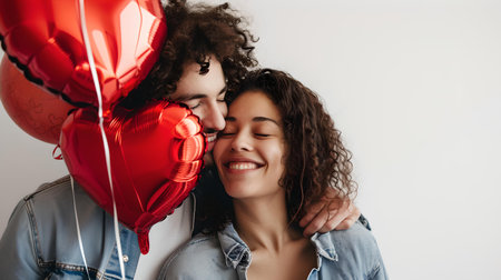 Portrait of an affectionate couple sharing a tender moment with a heart balloon symbolizing love. A.I.の素材