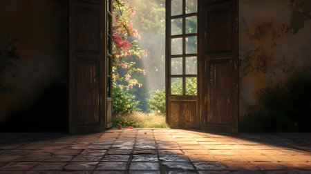 Rays of sunshine filter through an open doorway, illuminating the decrepit room's floor with warmth and quiet beauty. A.I.の素材