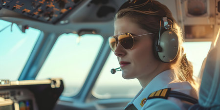 Image of a woman pilot in uniform inside cockpit, showing focus and expertise in aviation. A.I.の素材