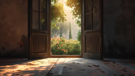Open vintage doors invite to a tranquil garden, symbolizing escape and serenity. perfect for decor and design themes. A.I.の素材