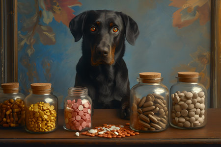 A black dog sits calmly behind jars of treats on a wooden surface against an artistic backdrop. A.I.の素材