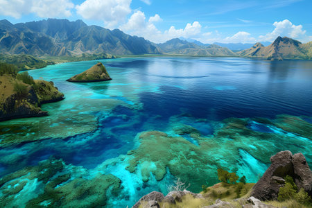Breathtaking view of a tropical island with clear turquoise water and green mountains under blue skies. A.I.の素材
