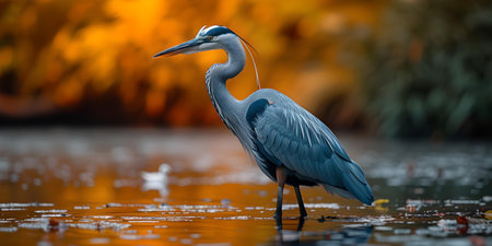 Elegant heron captured by the water against fiery autumn backdrop, showcasing wildlife beauty. A.I.の素材
