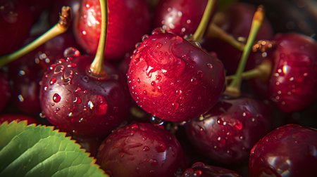 Close-up of fresh, ripe cherries with water droplets. ideal for food-related content and nutrition themes. A.I.の素材