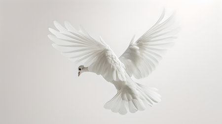 Graceful white dove spreads its wings, soaring with elegance in a tranquil scene. perfect for themes of peace and purity. A.I.の素材
