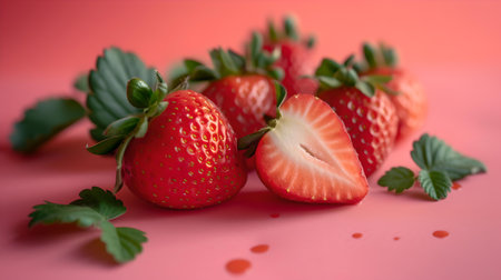 Juicy whole and cut strawberries on pink surface. ideal for culinary websites and healthy eating promotions. A.I.の素材