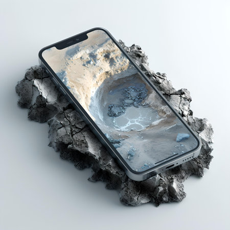 Stylish smartphone blends with craggy terrain in a conceptual tech portrayal suitable for innovative backgrounds. A.I.の素材