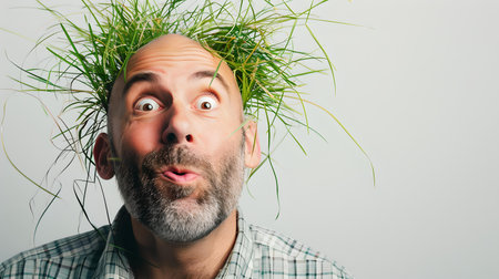 Whimsical portrait of a bald man with green grass hair looking astonished. creative, funny, and eye-catching. A.I.の素材