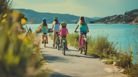 A cheerful family biking together on a lakeside path, symbolizing health, recreation, and bonding. A.I.の素材
