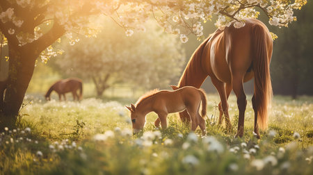 A mare and her foal enjoy a peaceful meal in a radiant sunlit meadow, showcasing equine grace and pastoral tranquility. A.I.の素材