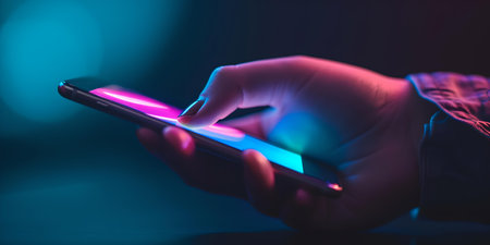 A human hand interacts with a smartphone screen, glowing in the dark with vibrant colors. concept of digital age. A.I.の素材