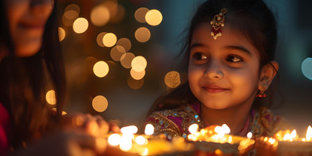 A smiling child in traditional attire celebrates with lit candles, bokeh lights adding magic to the scene. cultural warmth. A.I.の素材