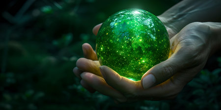 Close-up of a hand cradling a radiant green sphere surrounded by darkness, evoking a sense of magic and mystery. A.I.の素材
