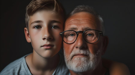 A heartwarming portrait depicting a senior man and young boy, demonstrating family connection against a dark background. A.I.の素材