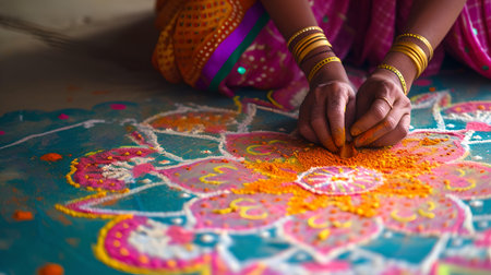 Close-up of hands crafting colorful rangoli design. a glimpse of cultural tradition and creativity. A.I.の素材