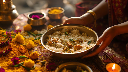 Close-up of hands serving aromatic Indian rice dish on a decorated table with flowers and candles. A.I.の素材