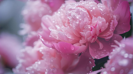 Dew-kissed pink peonies in full bloom, showcasing nature's springtime splendor with a serene backdrop. A.I.の素材