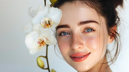 Portrait of a fresh-faced young woman with a white orchid. calm, elegant, perfect for beauty and health themes. A.I.の素材