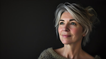 Portrait of a mature woman with silver hair gazing away in a pensive mood on dark background. A.I.の素材