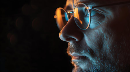Moody close-up of a man with glasses, illuminated side profile in a dark setting, introspective atmosphere. A.I.の素材