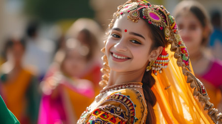 Smiling woman adorned in colorful Indian dress and jewelry, radiating joy and cultural elegance. A.I.の素材