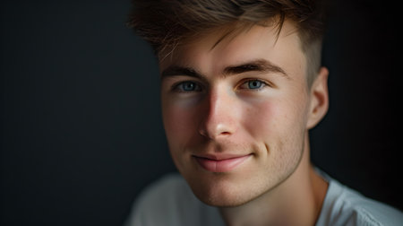 Close-up studio portrait of a smiling young man with a stylish haircut, exuding confidence and positivity. A.I.の素材