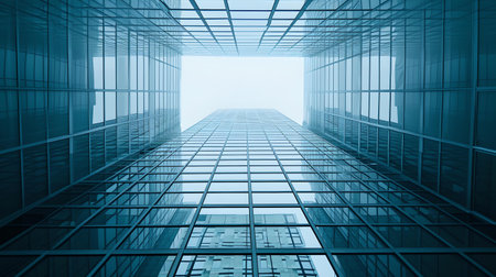 Futuristic glass structure with a symmetrical design. blue toned architecture with a clear sky opening. A.I.の素材