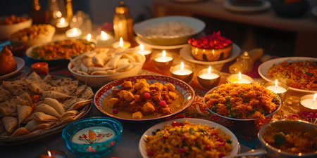 A warm, inviting dinner scene with multiple dishes and glowing candles, symbolizing celebration and hospitality. A.I.の素材