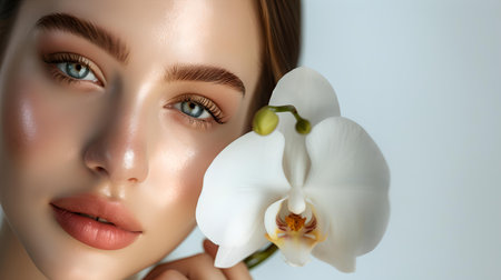 Elegant portrait of a woman with a white orchid. perfect for beauty and wellness concepts. A.I.の素材