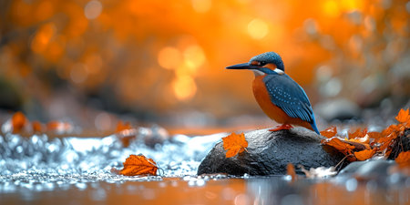 A vivid image of a kingfisher by the water, showing autumn warmth and natural beauty with brilliant hues. A.I.の素材