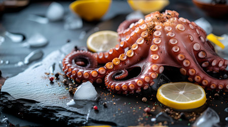 Detailed close-up of a raw octopus with lemon slices and ice on dark background for gourmet cuisine concept. A.I.の素材