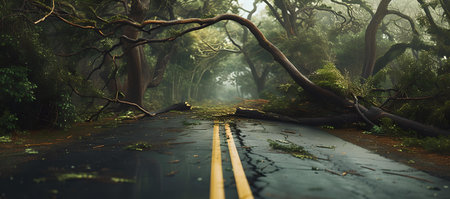 A peaceful road winds through a dense, misty forest with a fallen tree blocking the way. captivating and serene. A.I.の素材