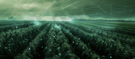 Mystical night landscape with glittering stars over tranquil green fields, evoking serenity and wonder. A.I.の素材