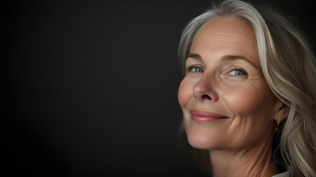 Close-up of a content mature woman with gray hair smiling gently against a dark backdrop. A.I.の素材