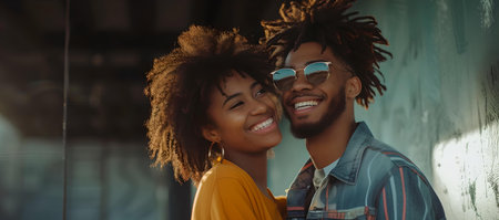 A happy young couple hugs and smiles in a sunny urban setting, radiating joy and love in casual attire. A.I.の素材