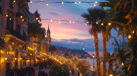 Captivating evening view of a lively street lit by string lights with palm trees against a sunset sky. A.I.の素材