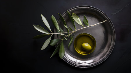 Artistic display of olive oil and olive branch on dark background, embodying natural and culinary themes. A.I.の素材