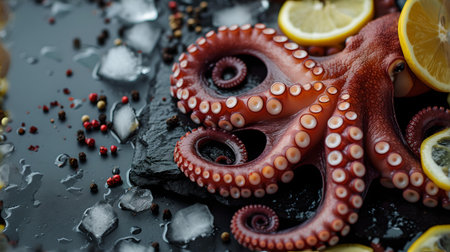Close-up of raw octopus with lemon and ice, perfect for gourmet seafood recipes and culinary presentations. A.I.の素材