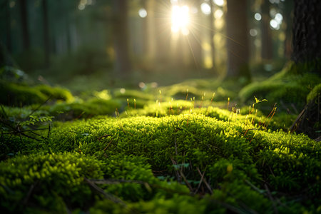 Lush green moss flourishing on a serene forest floor, illuminated by a soft, golden sunlight. perfect for tranquility. A.I.の素材