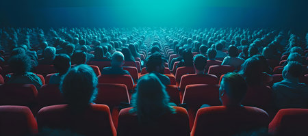 Cinema-goers engrossed in a film at a theater. vibrant red seats contrasting with dim ambiance. A.I.の素材