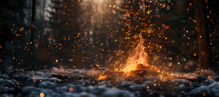 Twilight campfire in a mystical forest. sparks fly, creating a serene ambiance suitable for tranquil and adventure concepts. A.I.の素材