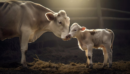 An intimate moment of a mother cow and her calf on a quaint farm, encapsulated by the warm glow of sunset. A.I.の素材