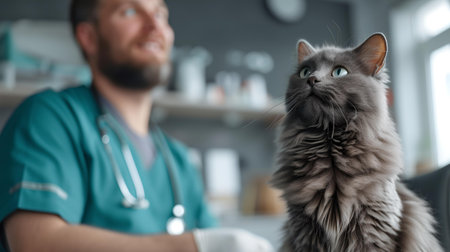 A majestic gray cat is the star of this vet clinic scene, capturing the bond between pets and vets. A.I.の素材