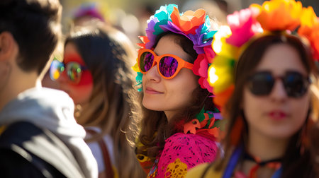 A woman with a flower crown and sunglasses enjoying a festival. youth culture, joy, and celebration in focus. A.I.の素材